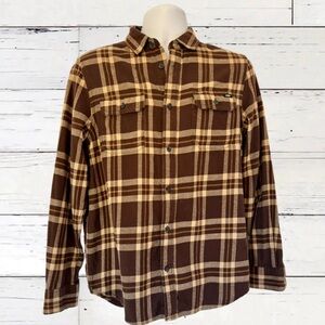 Vans Men’s Flannel Shirt (Small) | Brown Tan Plaid Long Sleeve Button-Up | 2022
